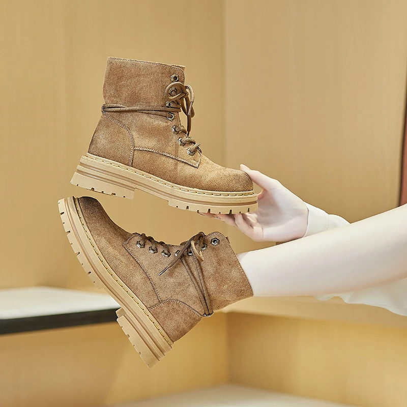 Women's Leather Boots Rough Machine Motorcycle Boots Women's Unisex Round Toe Lace Combat Boots Platform Shoes New Botas Mujer