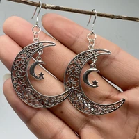 vintage irregular silver color hand carved moon shape earrings fashion ladies silver star drop earrings jewelry