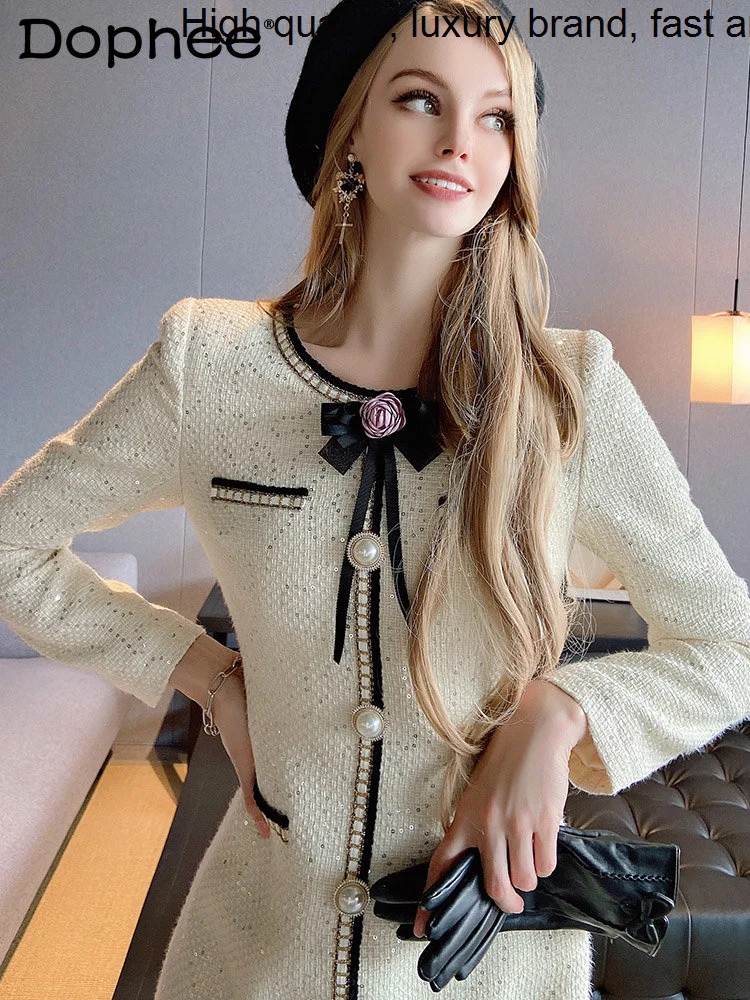 Sequined Heavy Embroidery Bodycon Tweed Women's 2023 Spring New Round Neck Long Sleeve Sweet Flowers Decorative Mini Dress