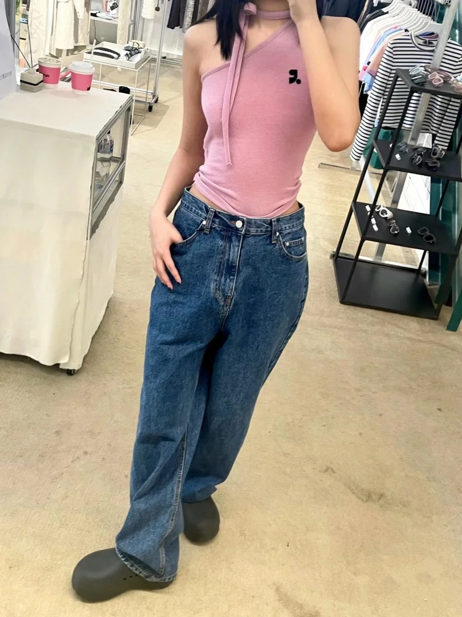 Реставрация из Южной Кореи Розовый наклонный плечо Холтер на шнуровке Вязаный