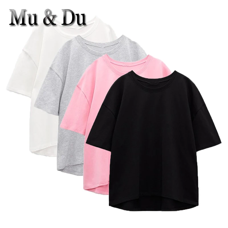 

Mu&Du 2023 Summer Women Simple Solid T-shirt Female Round Neck Loose Basic Casual Versatility Cotton Tees Camisetas Tops Mujer