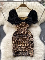 foamlina sexy leopard print satin dress women 2022 summer v neck short sleeve empire slim ruched bodycon club party mini dress