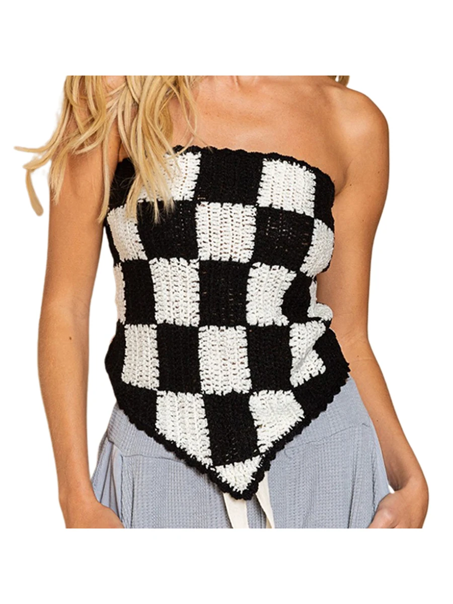 

Женский трикотажный Топ без бретелек, клетчатый Асимметричный летний женский жилет на шнуровке с открытой спиной для клувечерние