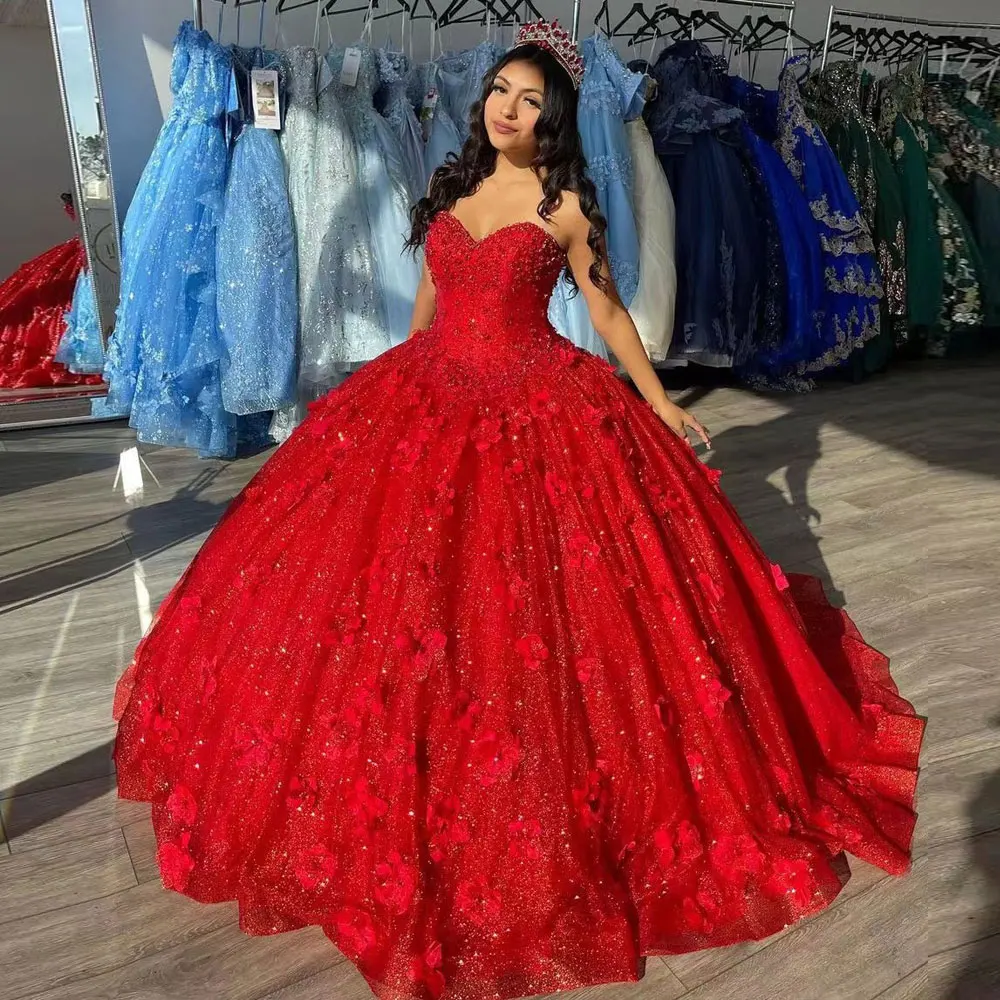 

New Arrival Sweetheart Ball Gown Quinceanera Dress 2023 Red Princess Sweep Train Backless Sweet 15 16 Years Bithday Party Gala