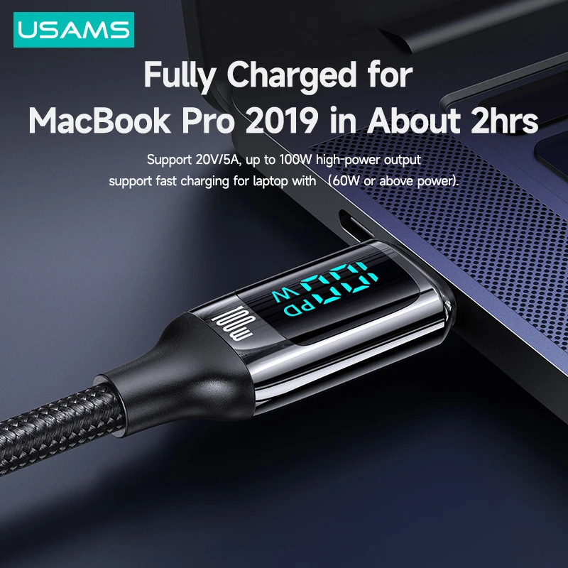 USAMS U78 PD 100W Digital Display Cable For Macbook iPad Air Pro Type C Fast Charging Data Cable For Huawei Xiaomi Samsung OPPO