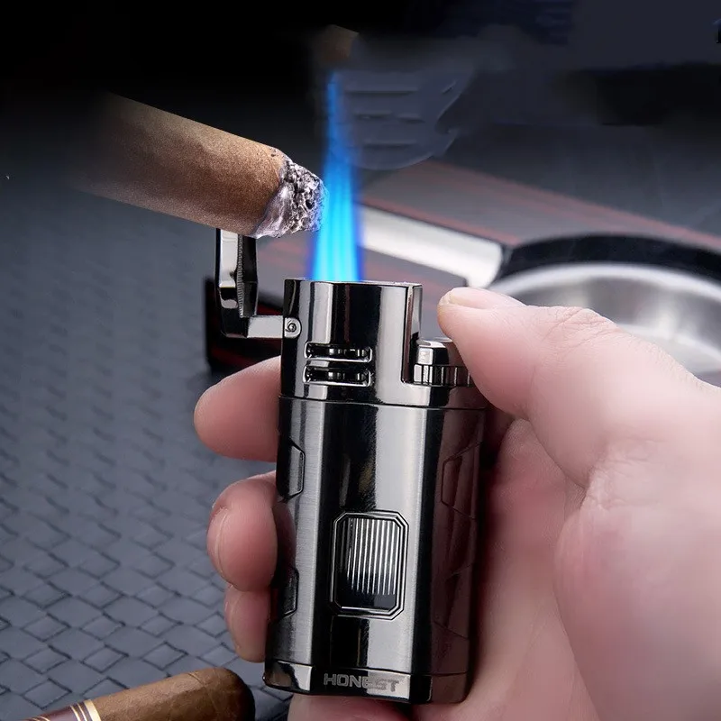 

HONEST Individualized Multi-function Three-direct Blue Fire Inflatable Lighter Metal With Cigar Drill Window