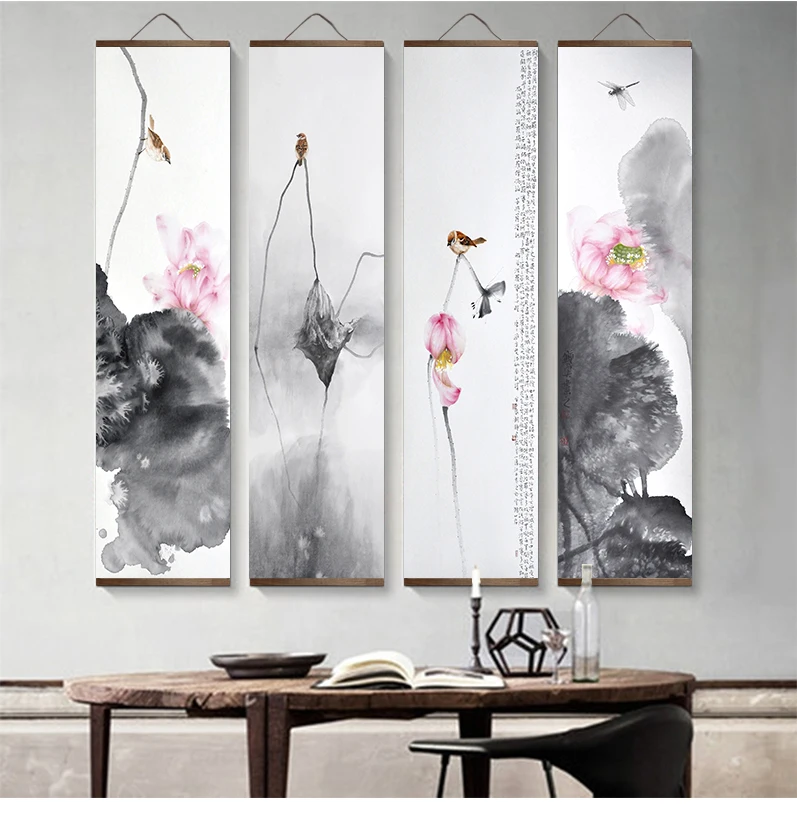 

Chinese Style Ink Lotus Animal Bird Canvas Decorative Bedroom Living Room Wall Art Posters Chinese Solid Wood Scroll Paintings