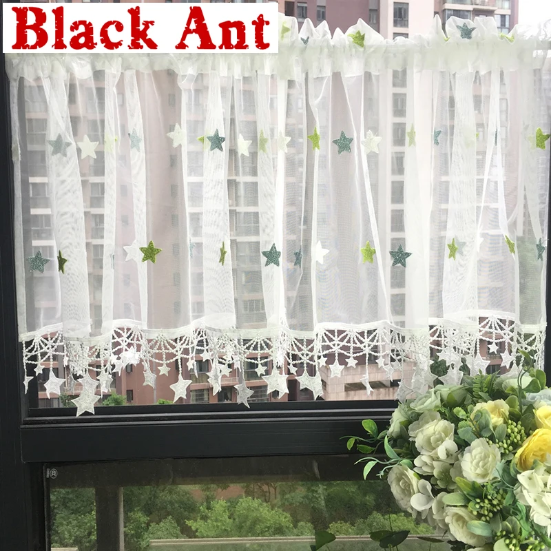 

Cartoon Green Stars Curtain For Bay Window Half Curtain For Cabinet Voile Lace Tulle Coffee Partition Curtain Blind DL-M065#40