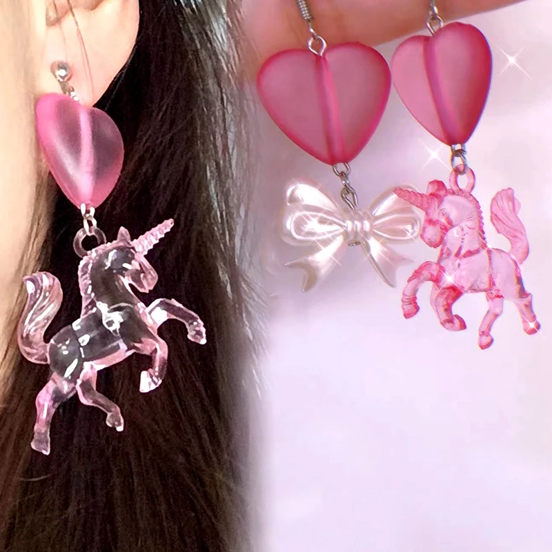 

2PC Pink Purple Heart Dangle Ear Piercing Earrings Stud Lobe Pierc Jewelry Sweety Girl Women Girls Ear Ring Y2k Korean Fashion