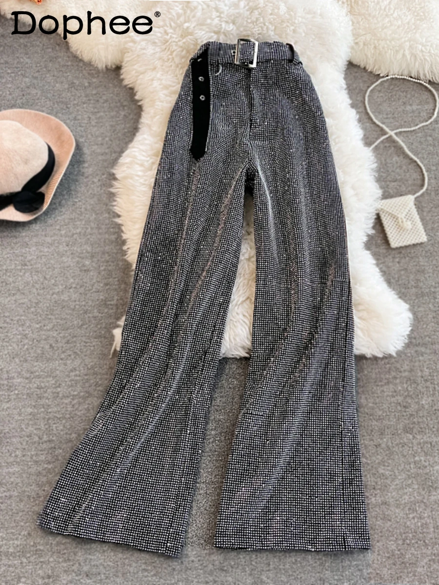 Hot Drilling Shiny Wide-Leg Pants for Women 2022 Spring Autumn High Waist Loose Slimming Black Straight Drape Casual Long Pants