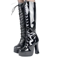 12cm high heel boots women knee high pu leather platform round toe cross tied thick heel boots size 36 46