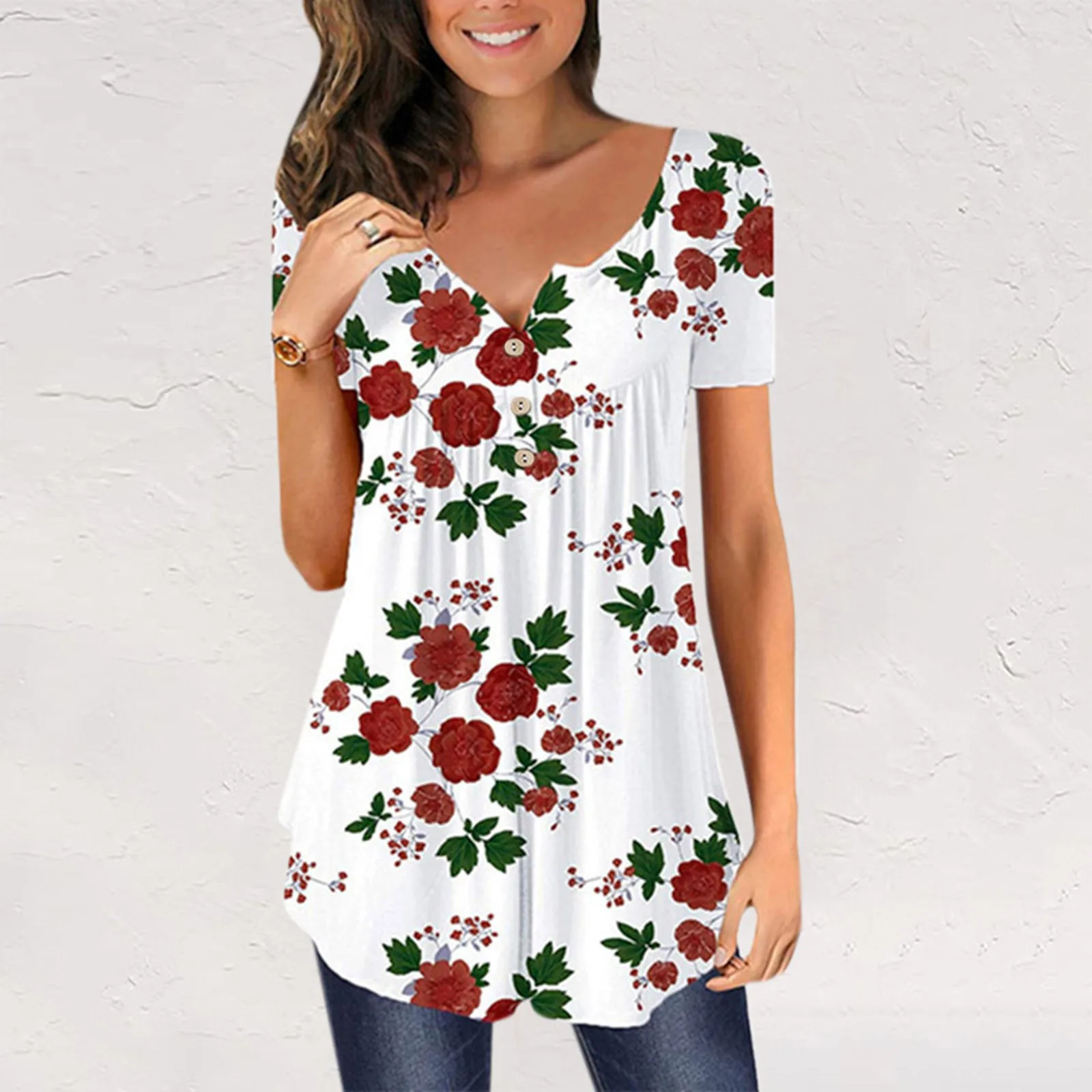 

Женская летняя модная туника на пуговицах с коротким рукавом, Повседневная плиссированная рубашка с принтом, футболка, Vestidos Robe Femme