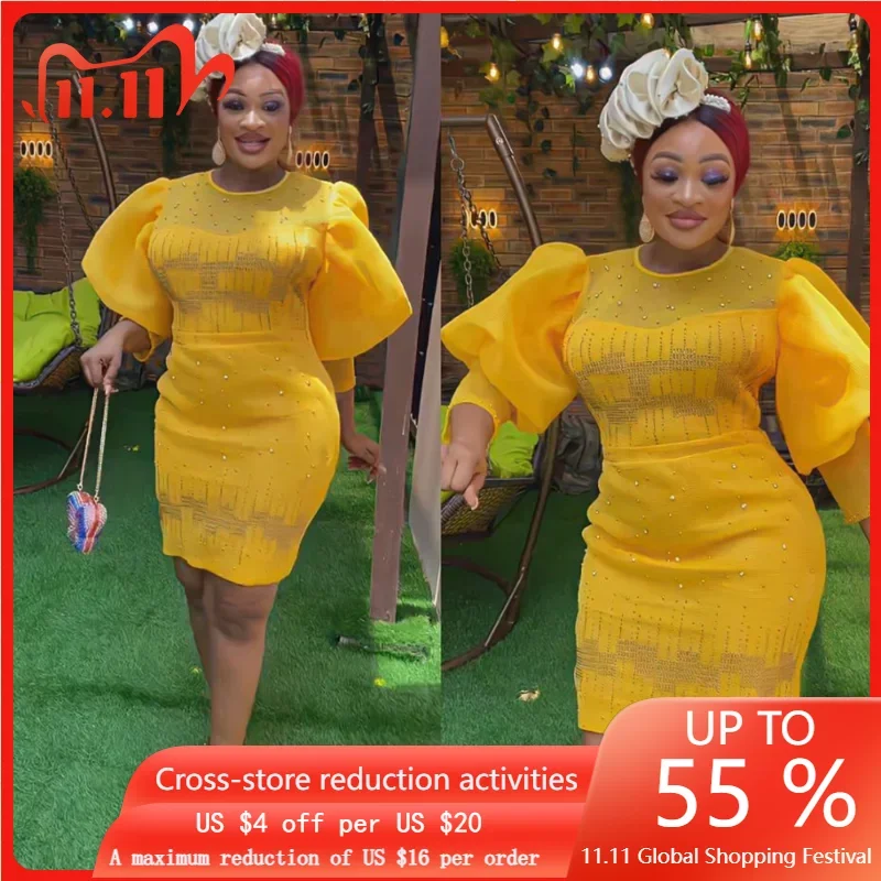 

Dubai African Dresses For Women Puff Sleeve Bodycon Gown Ankara Dashiki Diamond Robe South African Lady Dress Nigeria Clothes