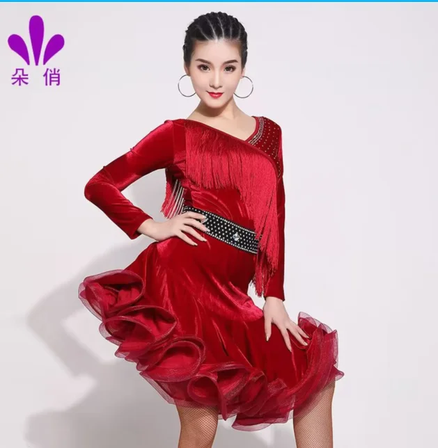 1 шт./лот женское модное бархатное платье для латинских танцев зимнее с длинными