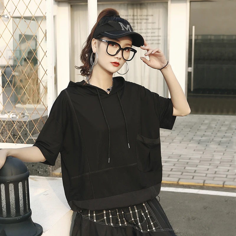 

220312 Solid Hooded T-Shirt Women Korea 2022 Summer New Personality Fashion Loose O-neck Short Sleeve Casual T-Shirt