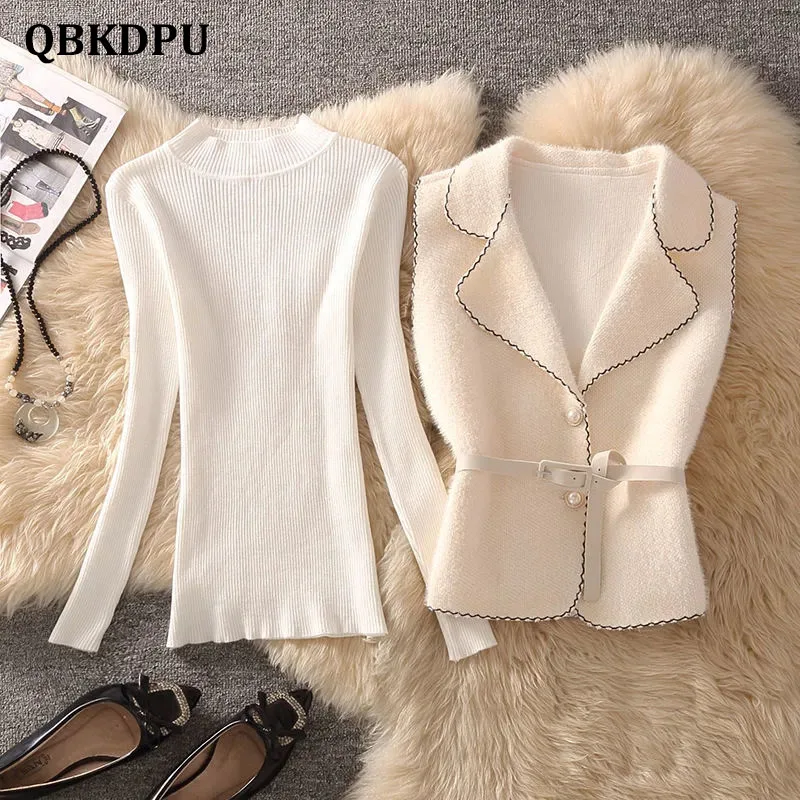 

Casual Sleeveless Crop Vest Tops Korean 2 Piece Set Women Vintage Mink Cashmere Short Waistcoat And Knitted Sweater Female Suit
