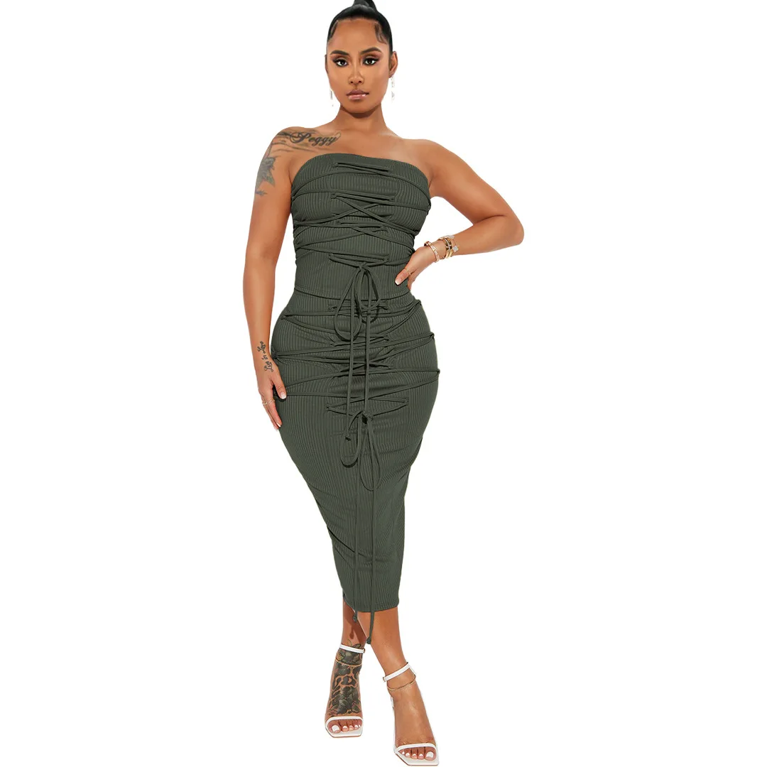 

Casual Women Skirt Two Piece Set Strapless Shirt + Long Dress Pleated Solid Color Cross Bandage Streetwear Slim Bodycon Vestidos