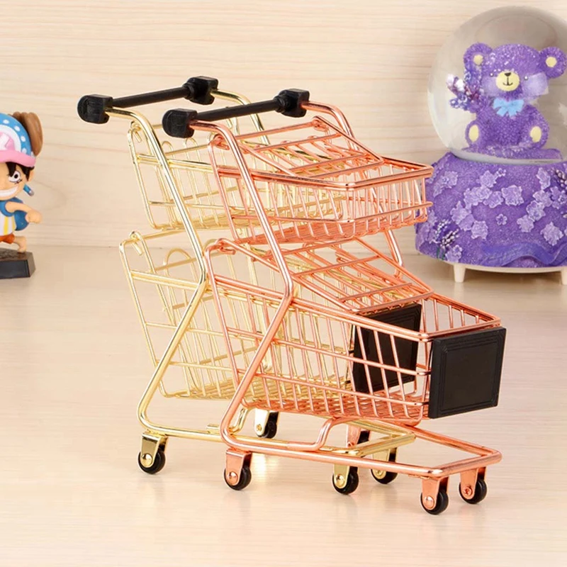 

NEW-Mini Double Layers Shopping Cart Model Wrought Iron Supermarket Trolley Metal Rose Gold Storage Basket