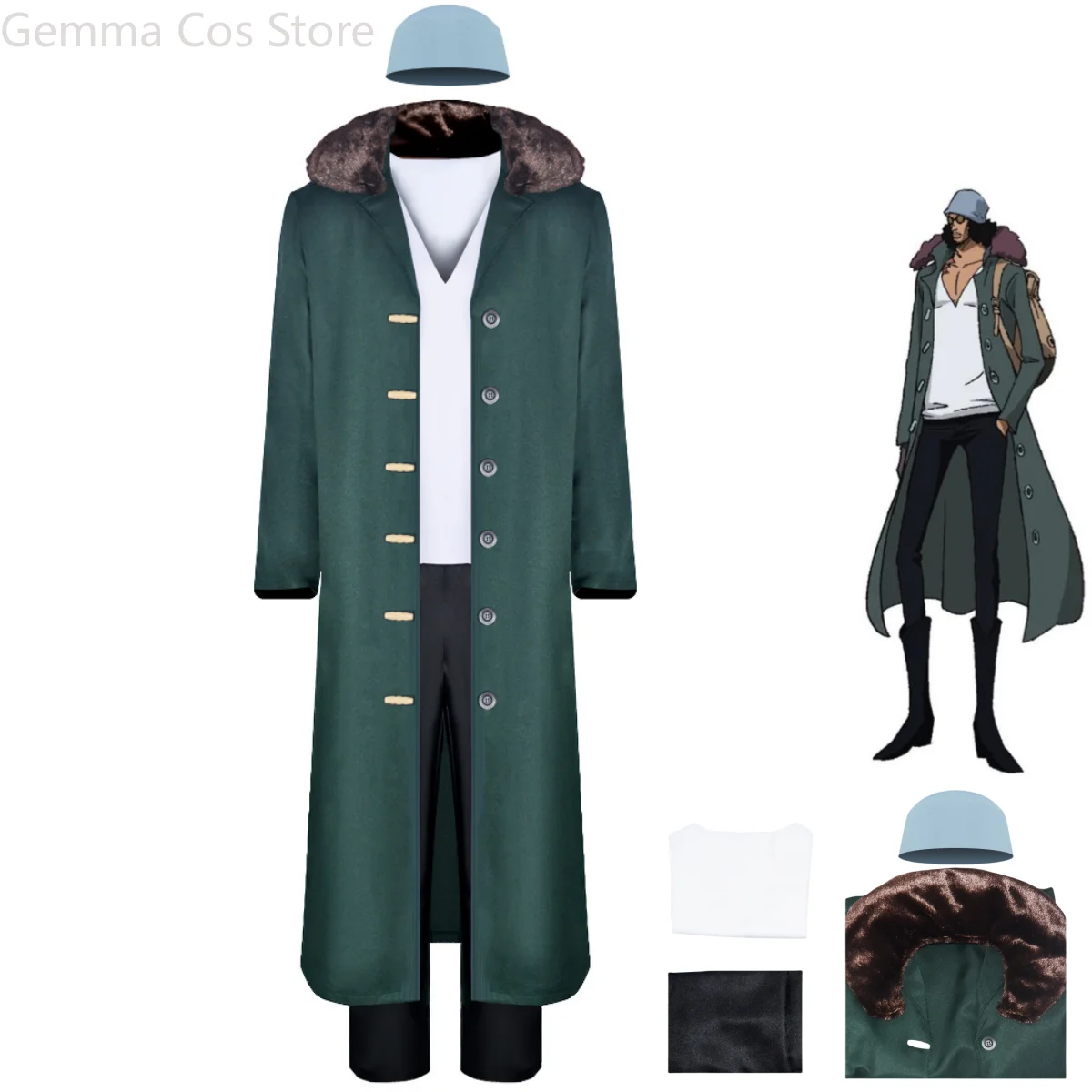 Костюм для косплея Kuzan из аниме черная борода зеленая тренчкот с длинными