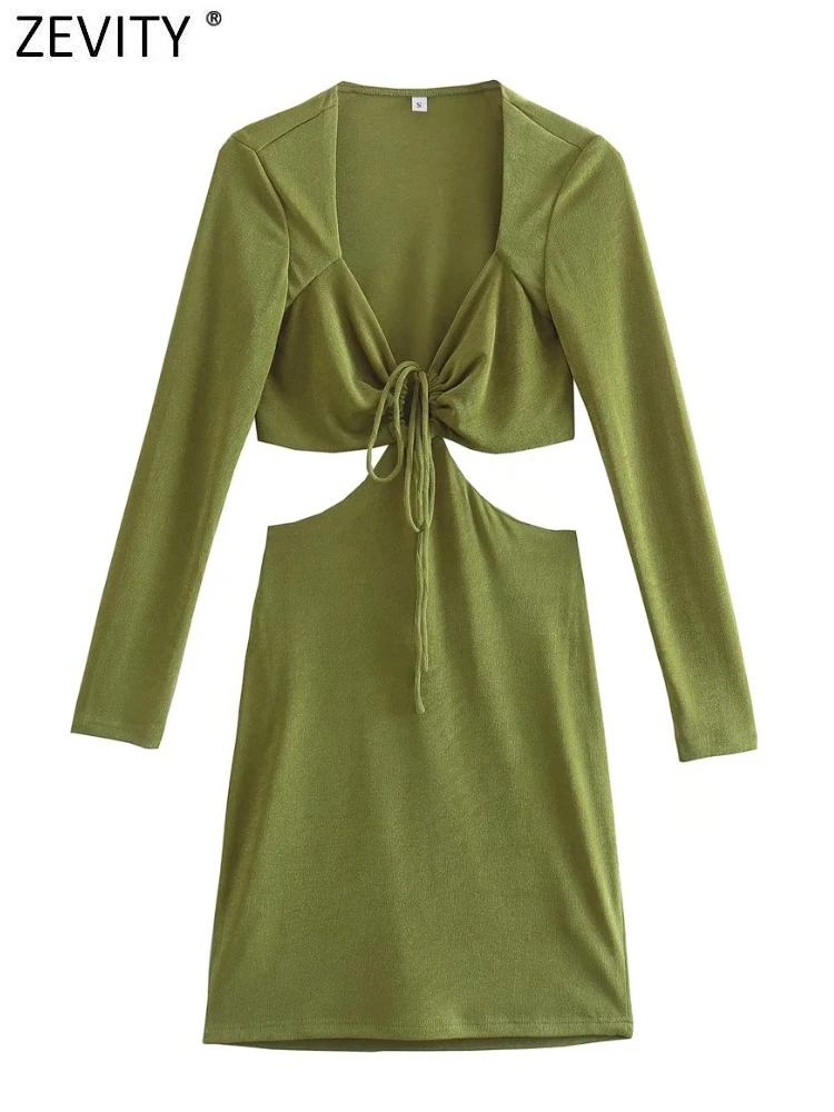 

ZEVITY 2022 Women Sexy Deep V Neck Waist Cut Off Hollow Out Design Mini Dress Female Chic Lace Up Slim Club Wear Vestidos DS9327