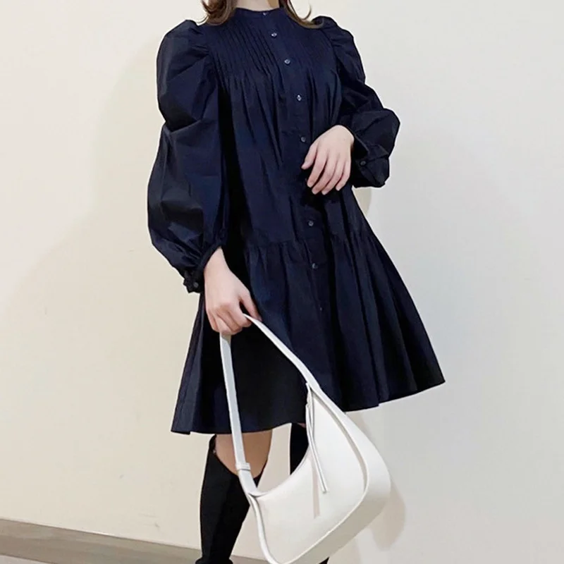 

Puff Sleeve Pleated Design Shirts Dresses Casual Chic Single Breasted Woman Dress Spring Summer Solid Loose Robe