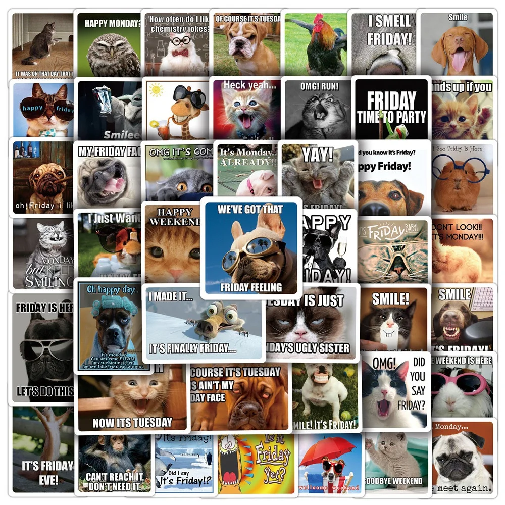 

50Pcs Cool Happy Friday Funny Cat Dog Whimsy Animal Graffiti Stickers for DIY Luggage Laptop Skateboard Motorcycle Stickers