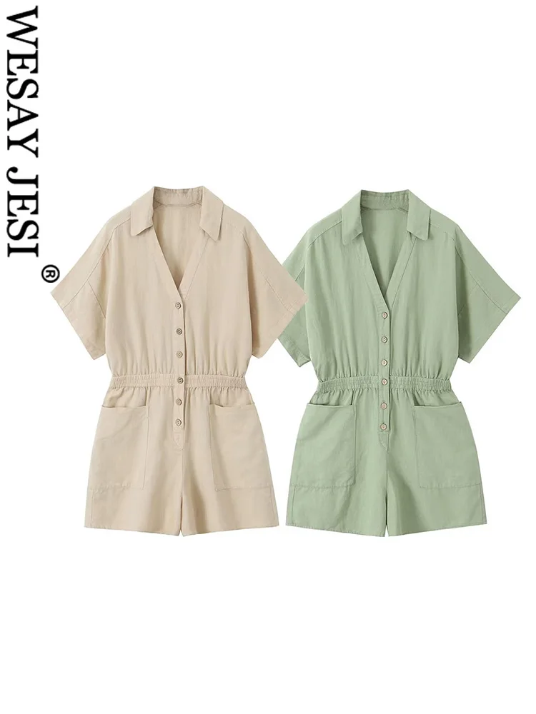 

WESAY JESI TRAF Women Fashion Solid Jumpsuits 2023 Summer Women Elegant Short Playsuit Striped Woman Casual Loose Jumpsuit