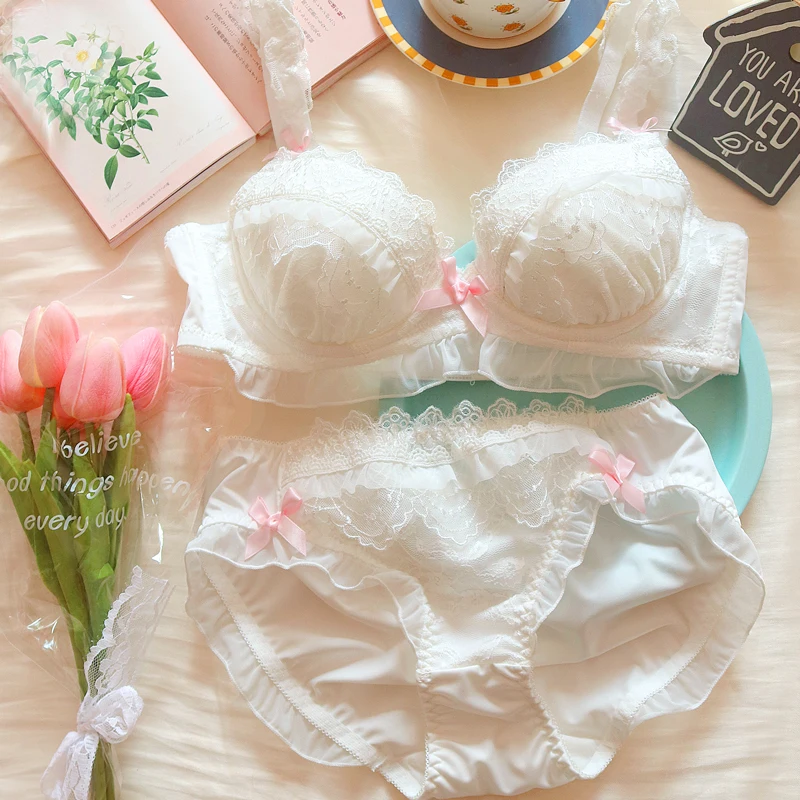Girls lolita my melody lace bra panty set thin big lingerie steel ring deep V comfortable sweet cute pure bralette brief