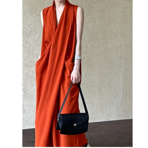 2025 женское летнее свободное винтажное длинное платье без рукавов с v-образным вырезом и карманом, элегантное платье макси, Vestidos, одежда