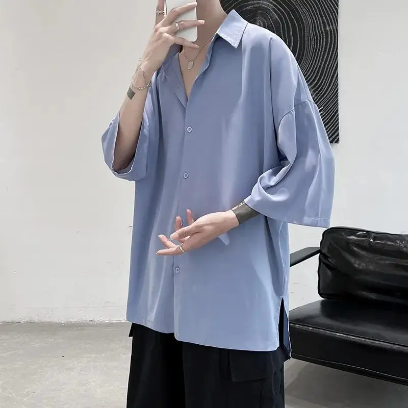 Men's Three-quarter Sleeve Inch Shirt Thin Ice Silk Split Short-sleeved Shirt Summer Drape Top