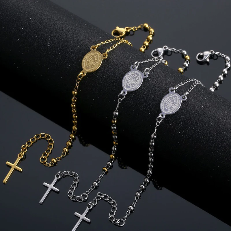 

Stainless Steel St Benedict Medal Bracelet Metal San Benito Bracelet Adjustable Box Chain Bohemia Cross Religion Jewelry Gift