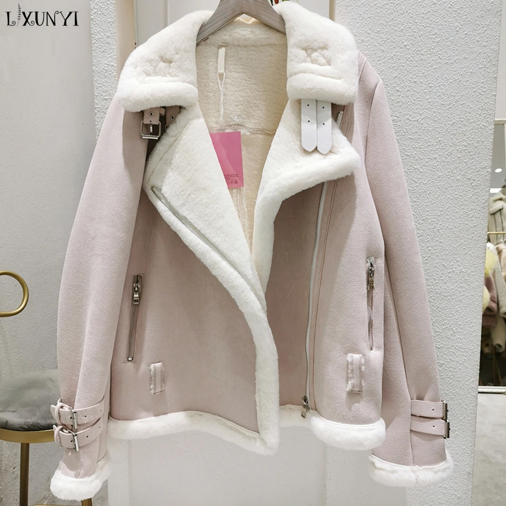 Women Winter Suede Lambs Wool Jacket Female High Streetwear Plus Cashmere Thicken Warm Long Sleeve Shearling Fur Sheepskin Coats