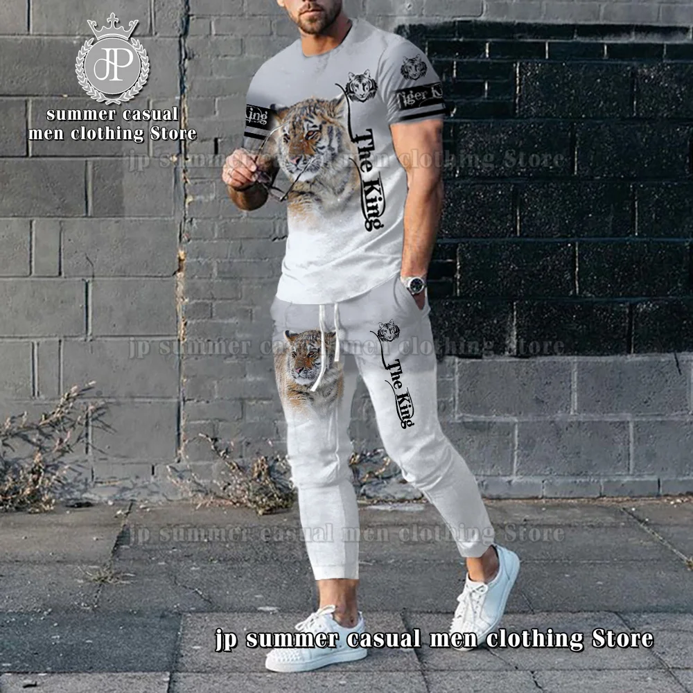 2023 New Men's Tracksuit 2 Piece Lion 3D Print O Neck Short Sleeve T shirt+Long Trousers Street Fashion Casual Men Jogging Set