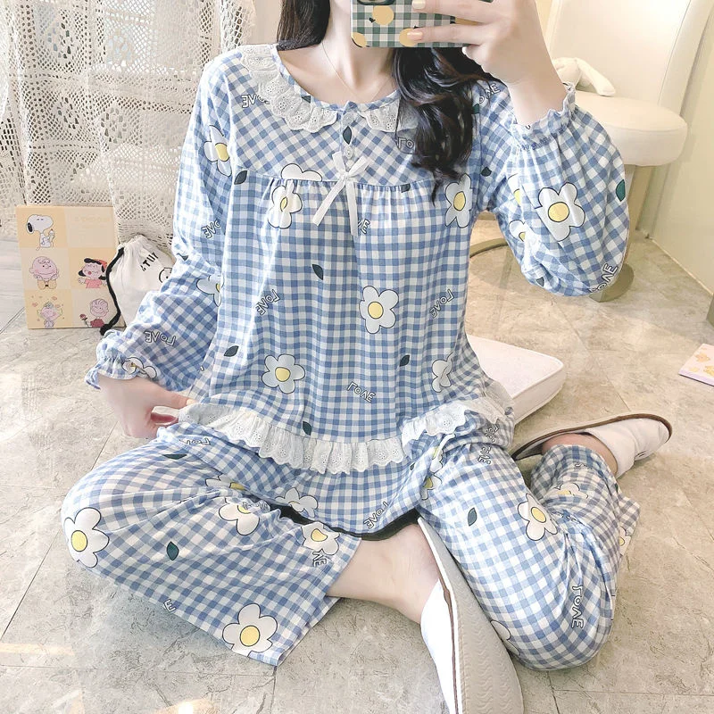 Sweet Pajamas Set Lace Sleepwear For Women Pyjama Women's Autumn Fashion Full-Sleeve Cartoon Princess Flower Homewear Plus Size