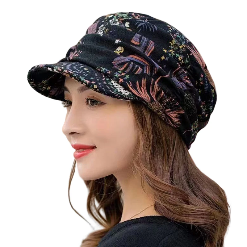 

Warm Windproof Winter Cap for Women Fashion Floral Print Wide-Brimmed Cap Ear Warmer Turban Visor Hat Clothing Accessories