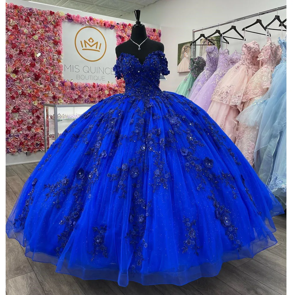 

Royal Blue Ball Gown Quinceanera Dresses Lace Appliques Off the Shoulder Vestidos De 15 años Court Train Puffy Sweet 16 Dress