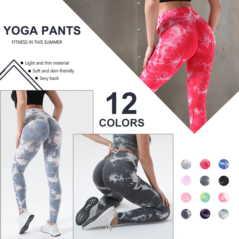 Seamless High Waist Yoga Pants Women Tie-Dye Bleaching Print Peach Hip Leggings Push Up Sports Fitness Running Workout Pants