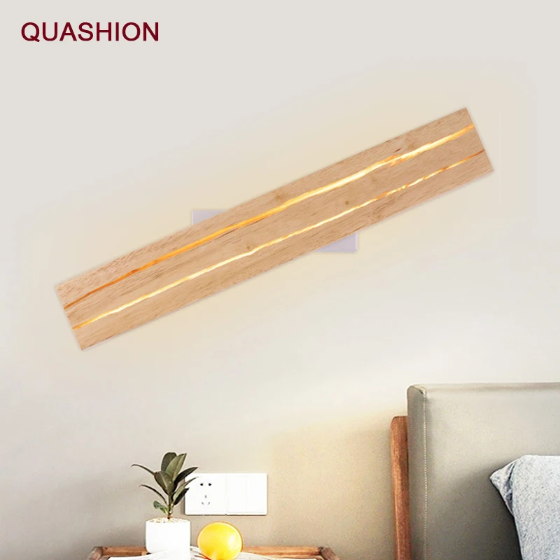 New Design Wood Art Nordic Modern Rectangle Indoor Bedroom Bedside Rotatable Cracked Solid Wooden Wall Lamp Light LED Wall Light
