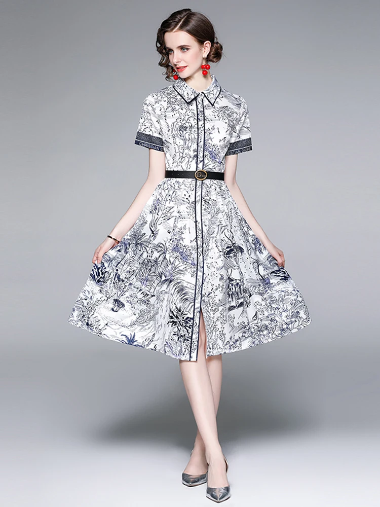 

Summer 2022New Print Dress Short Sleeve Turn Down Collar Button Down Vintage Pattern Print PU Belt Midi Women's Dress