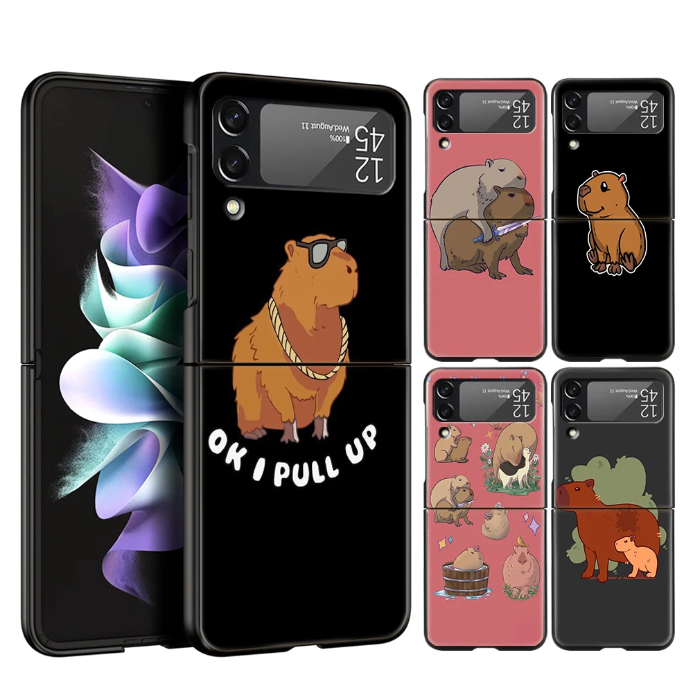 

Cute Cartoon Capybara For Samsung Galaxy Z Flip 4 Bag Black Phone Cover For Galaxy Z Flip3 Case Shockproof Hard PC Folding Shell