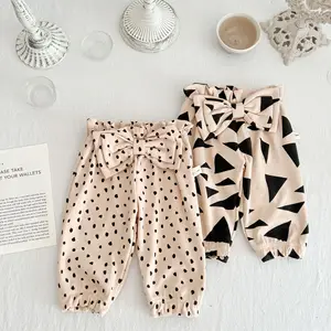 2022 Autumn New Children Boy Geometry Print Casual Pants Baby Girl Big Bow Trousers Kid Cute Loose Cotton Pants Infant Costume