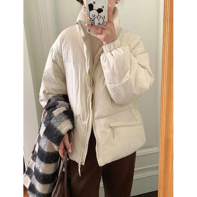 Down Jacket Women's Short Winter Loose Cotton Clothing Solid Color Casual Thick Standing Collar Warm White Eiderdown Coat