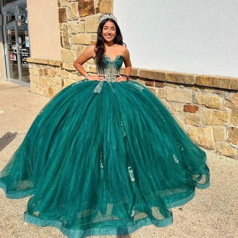 

ANGELSBRIDEP Sweetheart Quinceanera Dress Lace Glitter Tulle Sweep Train Mexica Vestidos De Años Sweet 16 Princess Pageant Dress