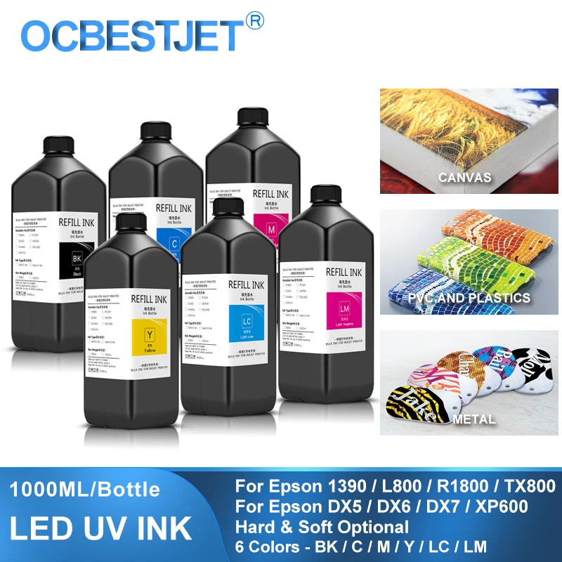 

6×1000ML LED UV Ink For DX4 DX5 DX6 DX7 DX10 TX800 XP600 Printhead For Epson 1390 L800 L1800 L805 R1800 R1900 (BK C M Y LC LM)