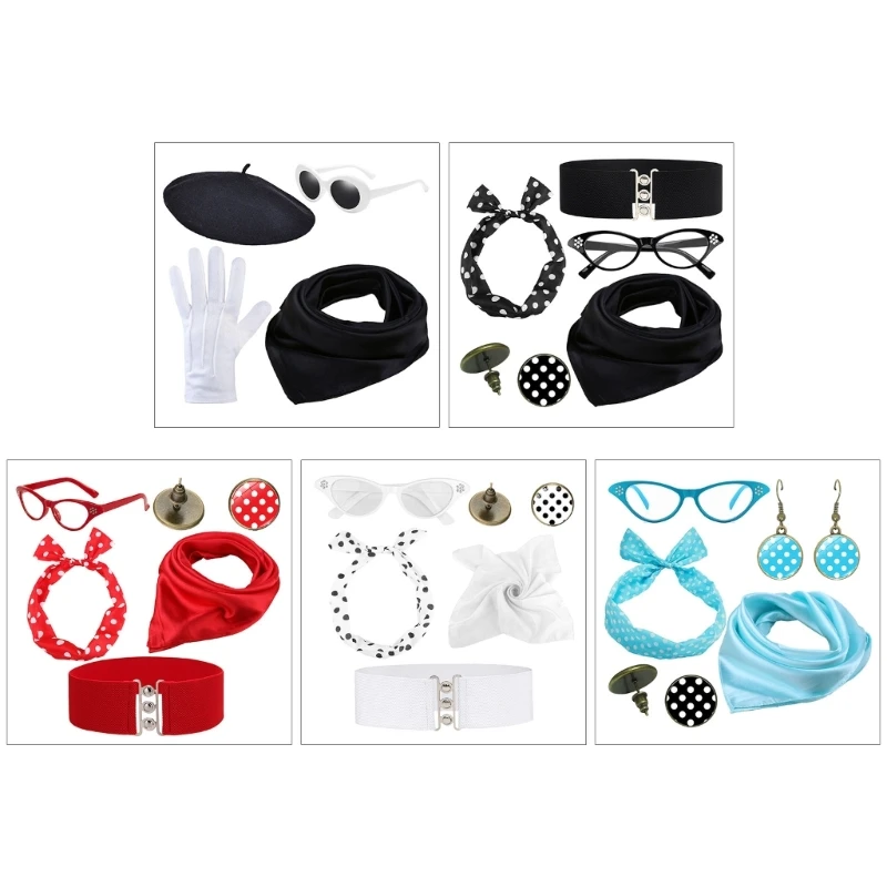 

Retro Party Supplies Dot Point Scarf Ear Studs Glasses Headband Set for Women