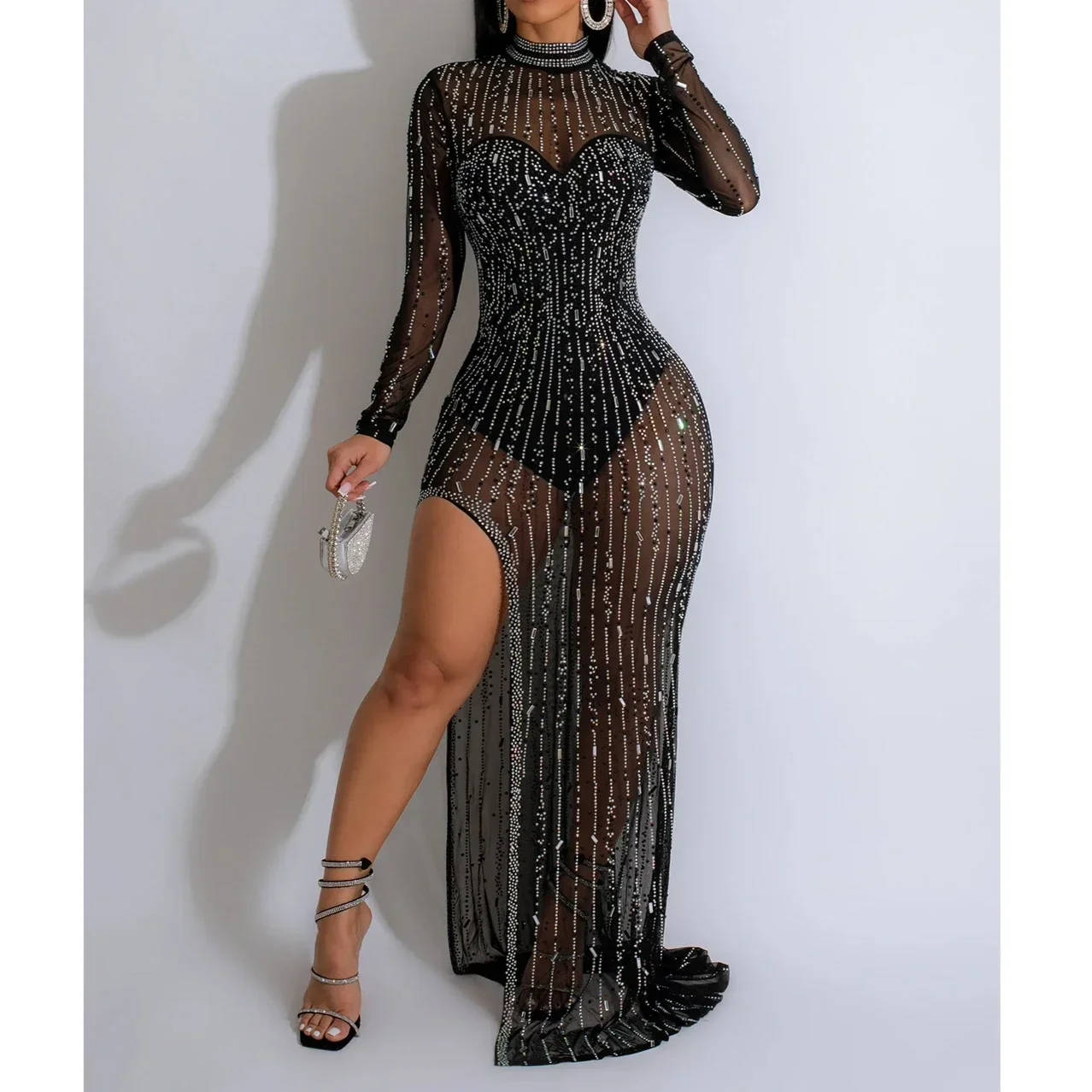 Женские платья с длинным рукавом и бриллиантами Русалка высоким разрезом по