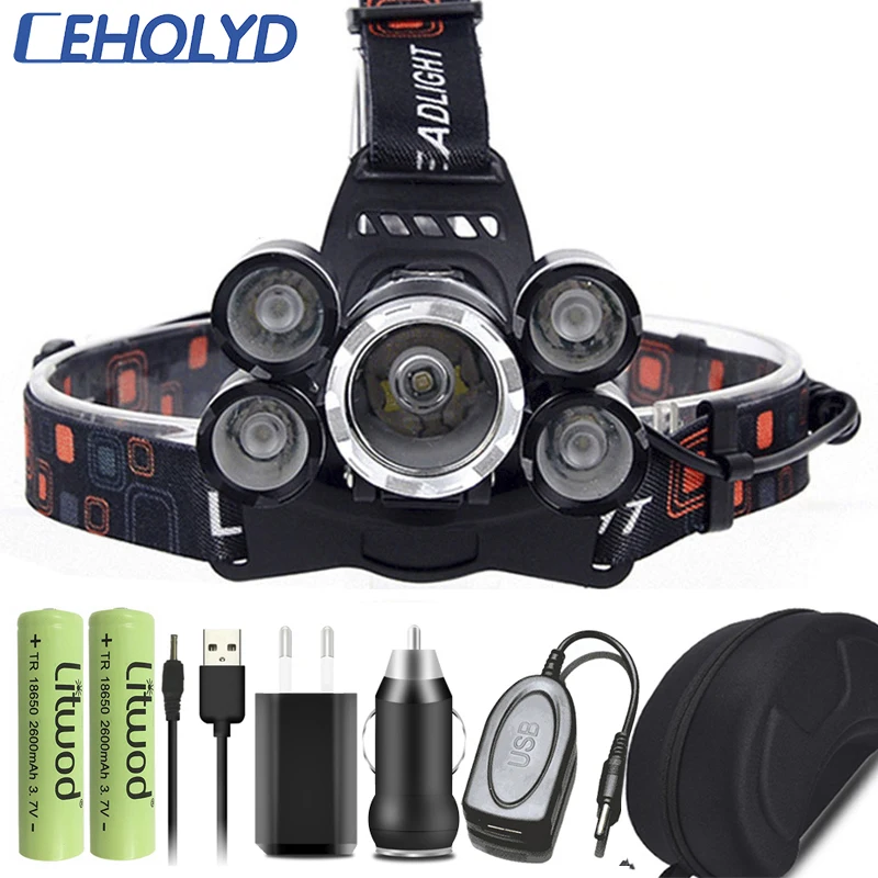 

3 led /5 leds Headlamp Headlight Head Flashlight Torch Lamp XM-L T6 18650 Battery Power Bank For Camping Fishing Night Light