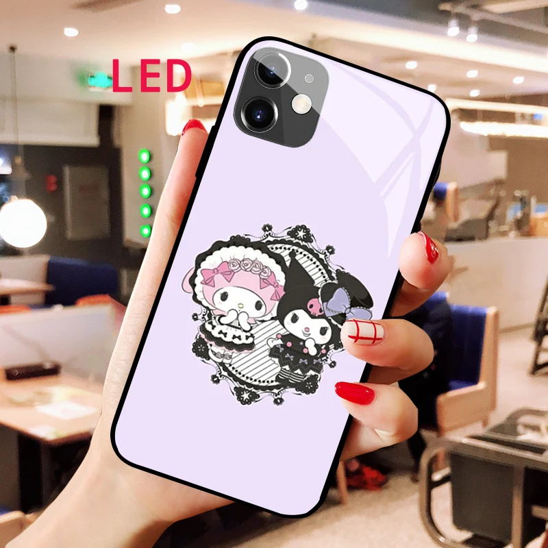 

KUROMI Luminous Tempered Glass phone case For Apple iphone 13 14 Pro Max Puls Kawaii Luxury Fall ProtectionLED Backlight cover