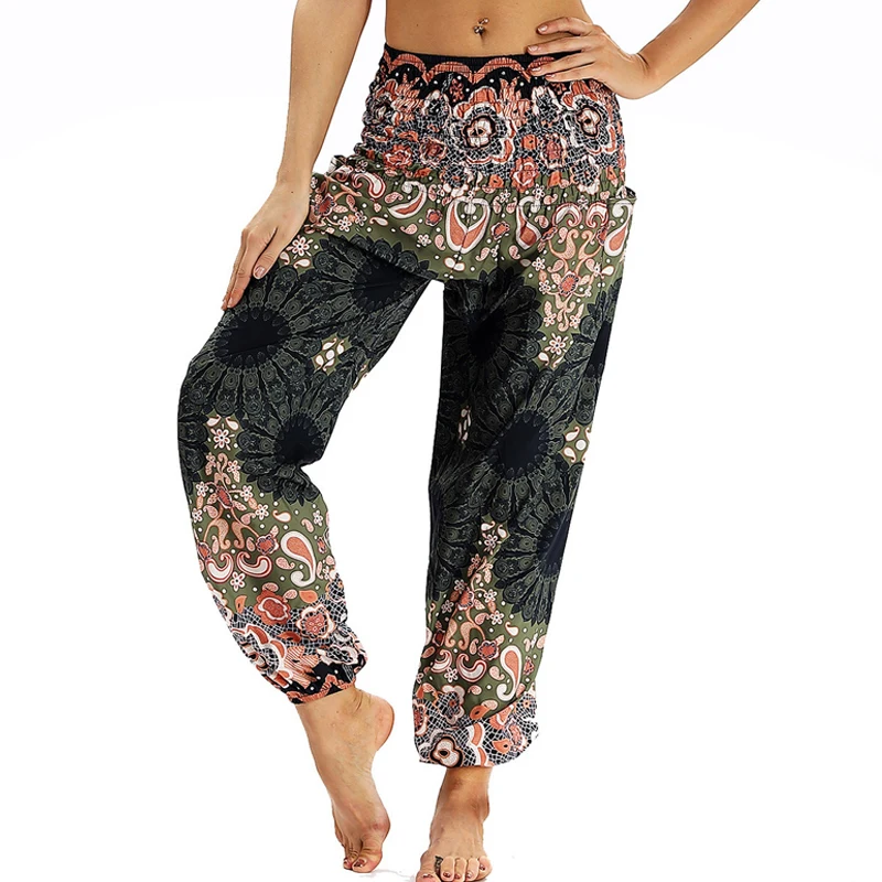 

Свободные штаны для йоги с принтом, богемные спортивные штаны с завышенной талией, женские пляжные широкие брюки с цветочным принтом, Дорож...