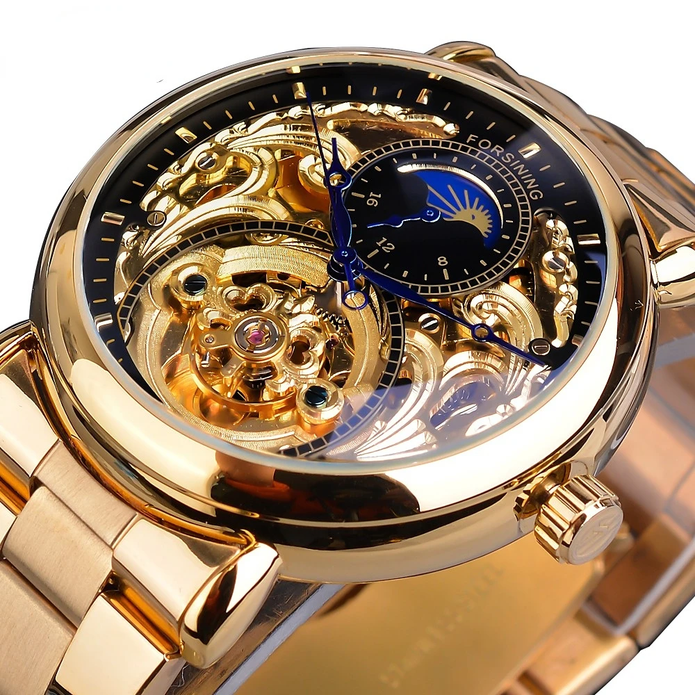 

2022 Mens Skeleton Automatic Mechanical Watch Golden Vintage Moon Phase Steel Male Wristwatch Top Brand Luxury Montre Homme